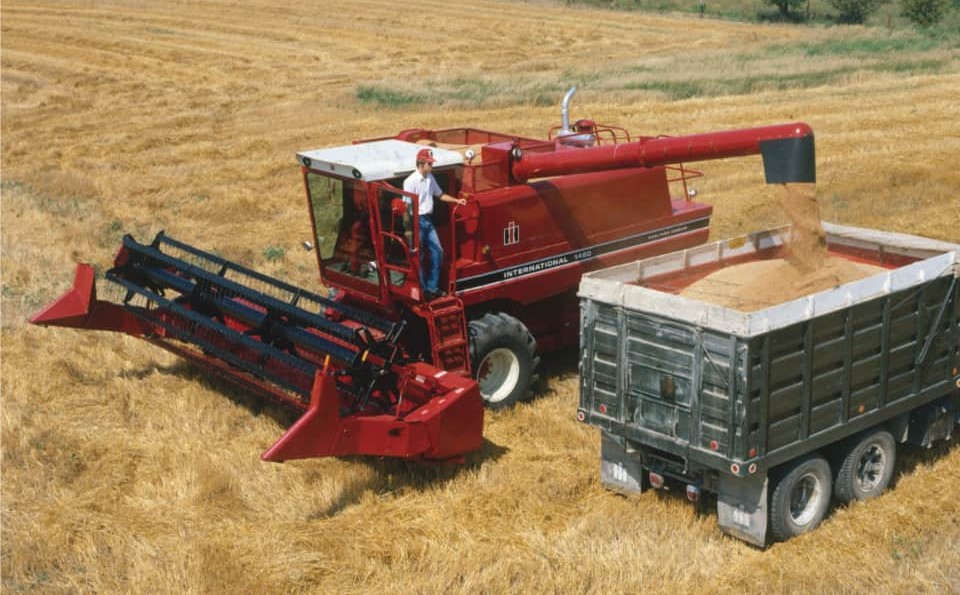 International Harvester combine harvester reaping wheat and transferring the kernels into a waiting truck.